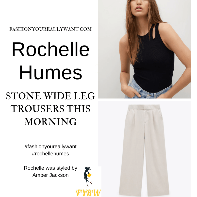 Where to get all Rochelle Humes This Morning outfits blog April 2021 stone wide leg trousers cut out black sleeveless top white woven double strap mules