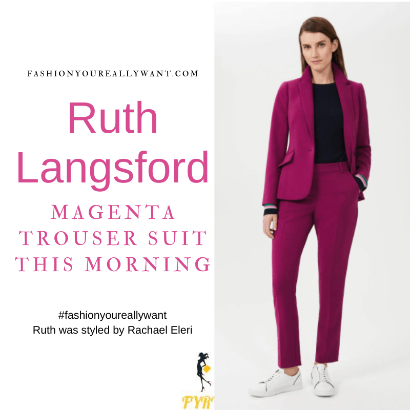 Where to get all Ruth Langsford This Morning outfits blog April 2021 magenta trouser suit beige knitwear leopard print court shoes