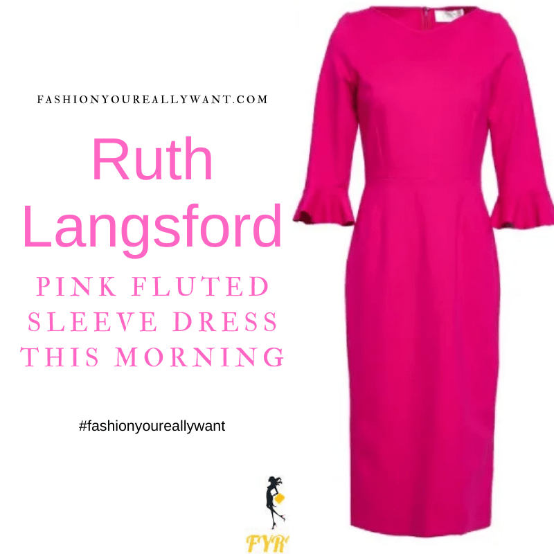 Where to get all Ruth Langsford This Morning outfits blog April 2021 pink 3/4 fluted sleeve pencil dress black and white snake court shoes