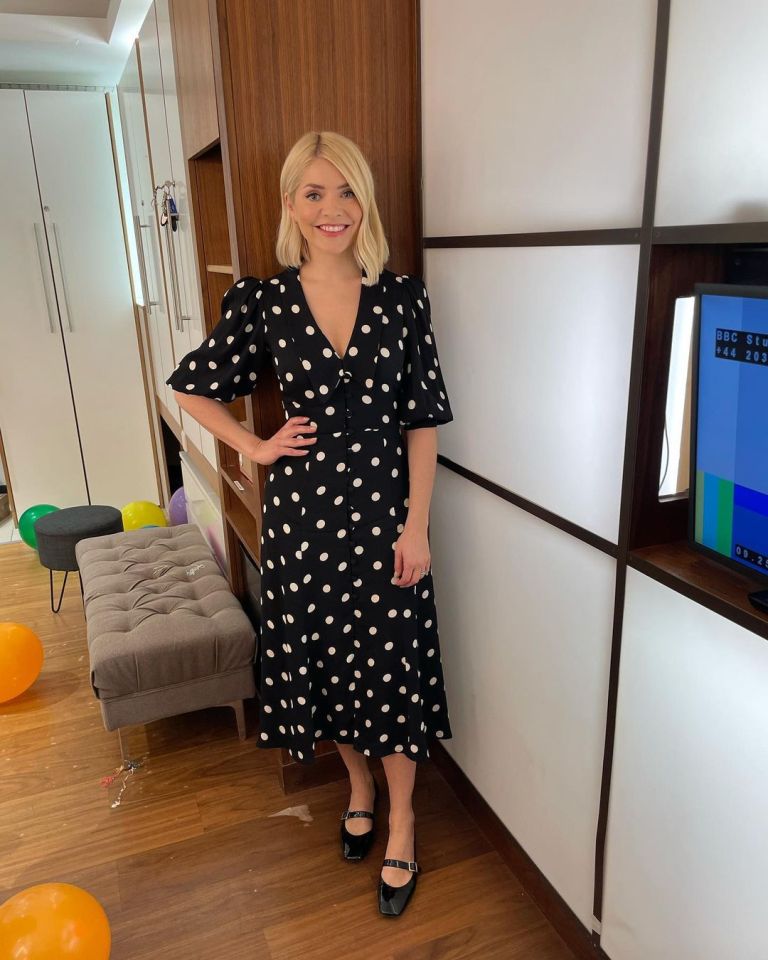 where to get all Holly Willoughby This Morning dresses black and white polka dot v neck dress black MAry Jane shoes 1 April 2021 Photo Holly Willoughby