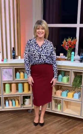 where to get all Ruth Langsford This Morning outfits black and blue leopard print blouse red pencil skirt black court shoes 7 April 2021 Photo Ruth Langsford