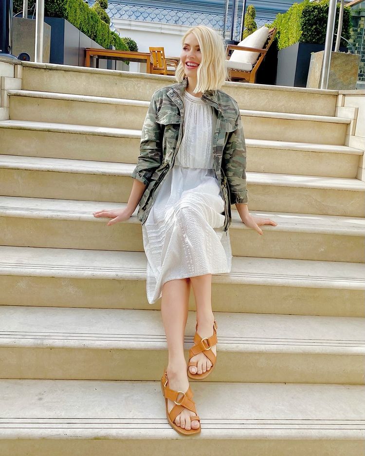 where to get holly willoughby white lace trim dress camouflage jacket tan sandals 12 April 2021 Photo M&S