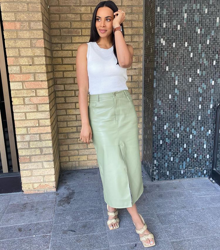 where to get Rochelle Humes This Morning green faux leather midi skirt ribbed top knotted sandals 20 April 2021 Photo Rochelle Humes