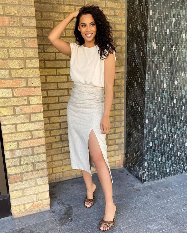 where to get Rochelle humes This Morning outfits sand ruched side split skir cram ruched top snake mules 19 April 2021 Photo Rochelle Humes