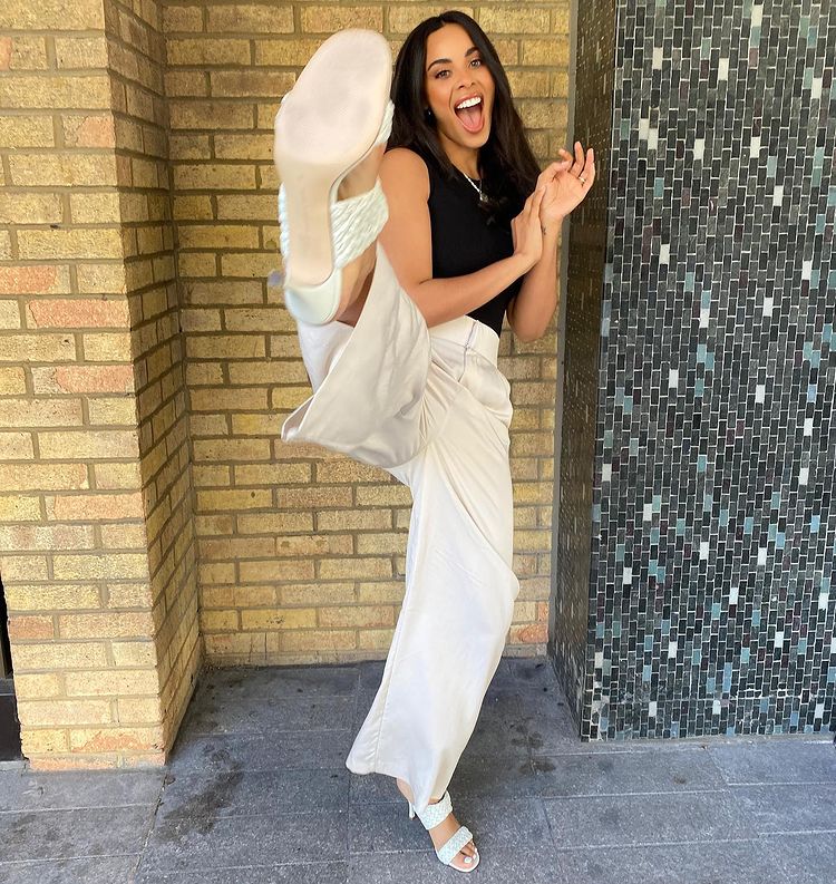 where to get Rochelle Humes This Morning white wide leg trousers black vest cream woven mules 22 April 2021 Photo Rochell Humes v2