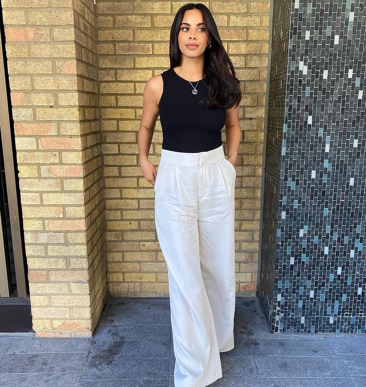 where to get Rochelle Humes This Morning white wide leg trousers black vest cream woven mules 22 April 2021 Photo Rochell Humes
