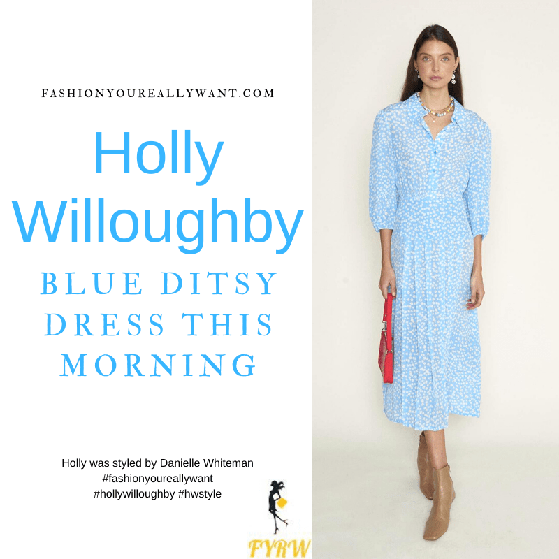Where to get all Holly Willoughby This Morning outfits blog May 2021 blue and white floral ditsy midi dress nude suede court shoes