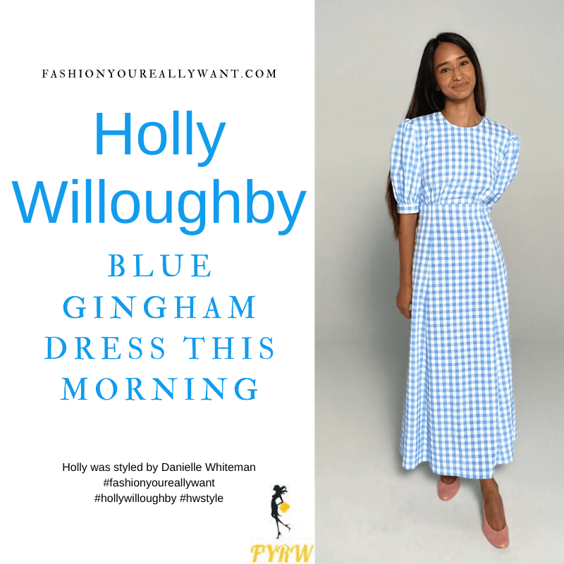 Where to get all Holly Willoughby This Morning outfits blog May 2021 blue and white gingham seersucker midi dress nude suede court shoes