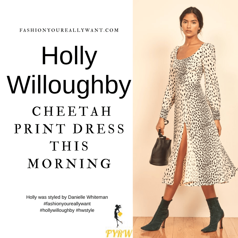 Where to get all Holly Willoughby This Morning outfits blog May 2021 scoop neck long sleeve cheetah print midi dress black sandals