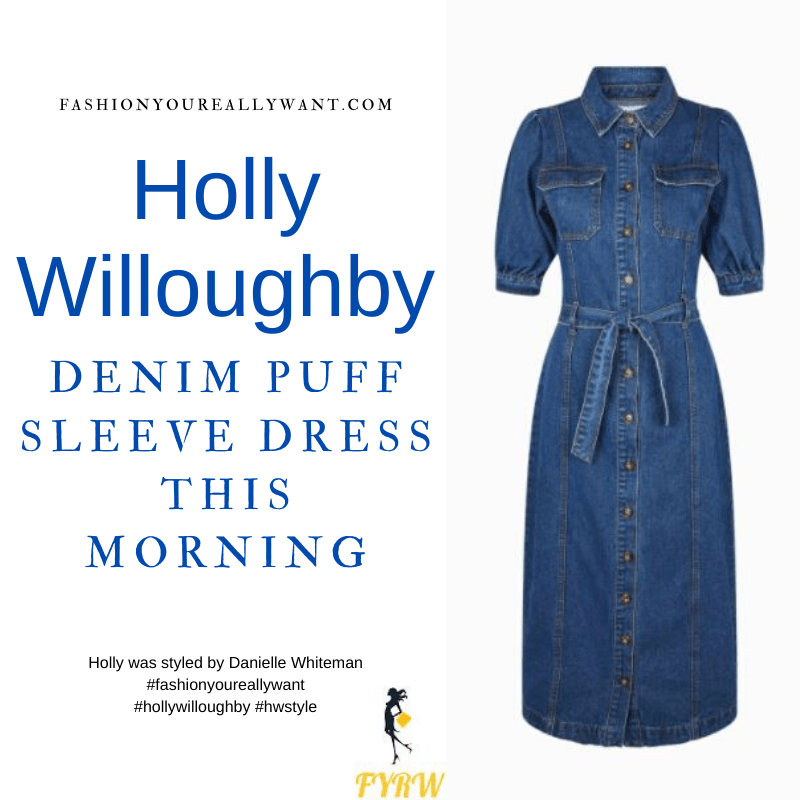 Where to get all Holly Willoughby This Morning outfits blog May 2021 denim puff sleeve midi dress nude suede court shoes