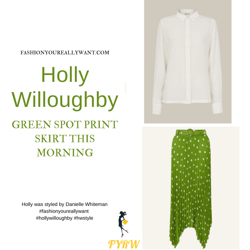 Where to get all Holly Willoughby This Morning outfits blog May 2021 green spot print pleated skirt cream blouse nude suede court shoes