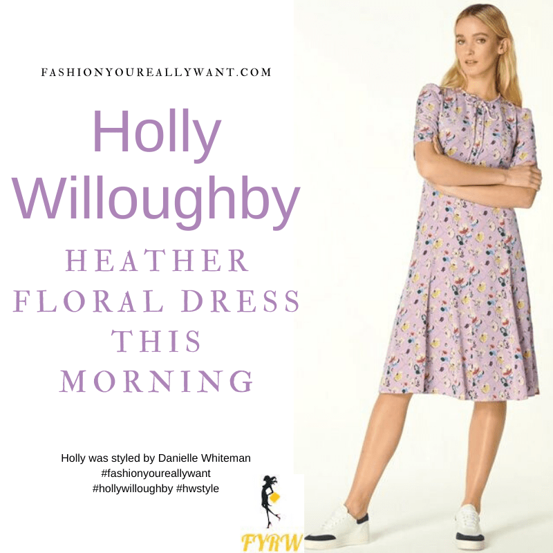 Where to get all Holly Willoughby This Morning outfits blog May 2021 lilac heather floral print midi tea dress nude suede court shoes