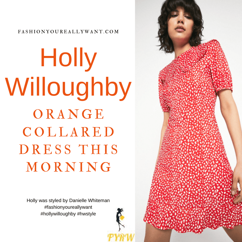 Where to get all Holly Willoughby This Morning outfits blog May 2021 orange and white print mini dress with collar nude suede court shoes