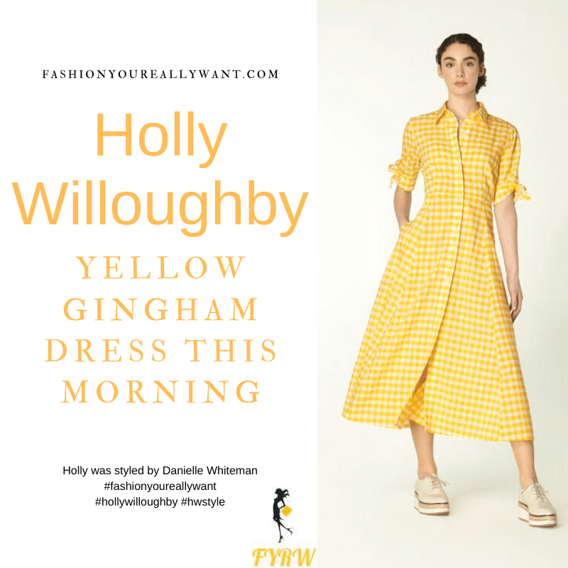 Where to get all Holly Willoughby This Morning outfits blog May 2021 yellow gingham midi dress tan beige suede sandals