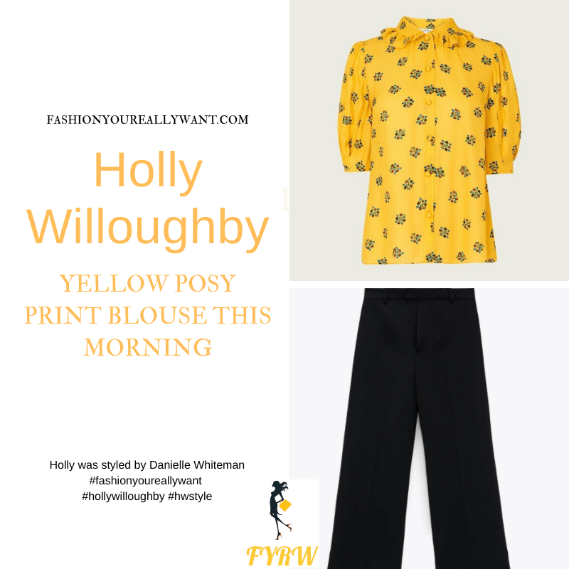 Where to get all Holly Willoughby This Morning outfits blog May 2021 yellow short sleeve floral blouse black culottes black suede court shoes
