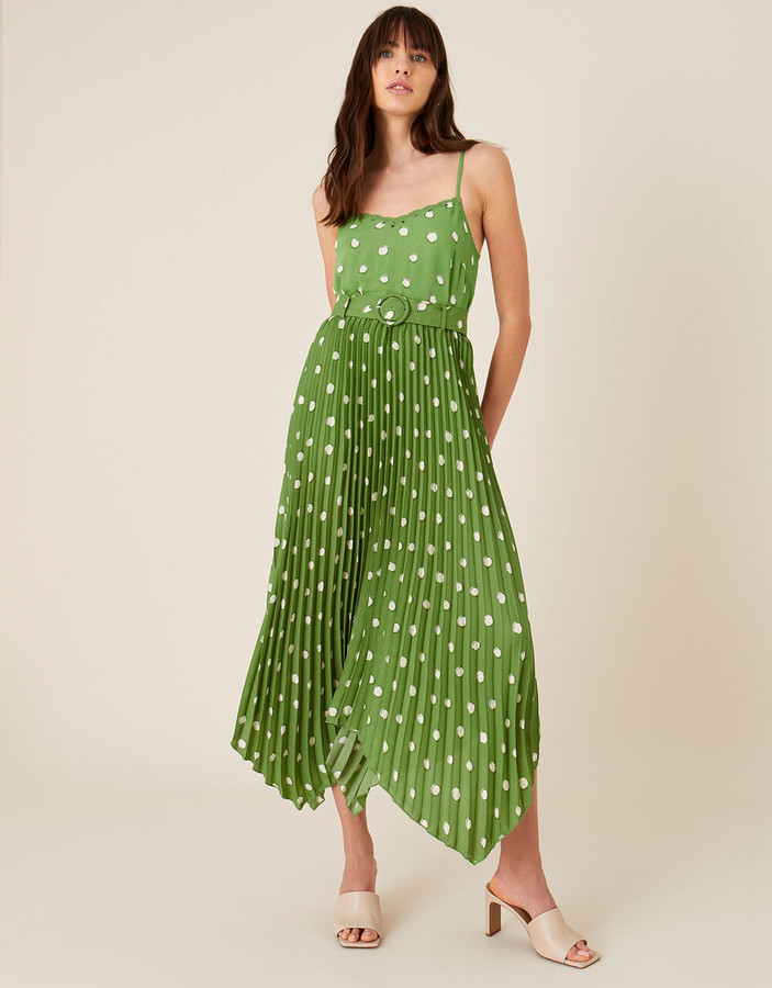 Monsoon Spot Print Pleated Midi Skirt Green