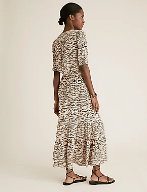 M&amp;S Animal Print Tie Neck Midi Waisted Dress back view