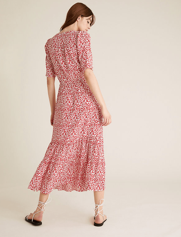 M&amp;S Printed Tie Neck Midi Waisted Dress back view