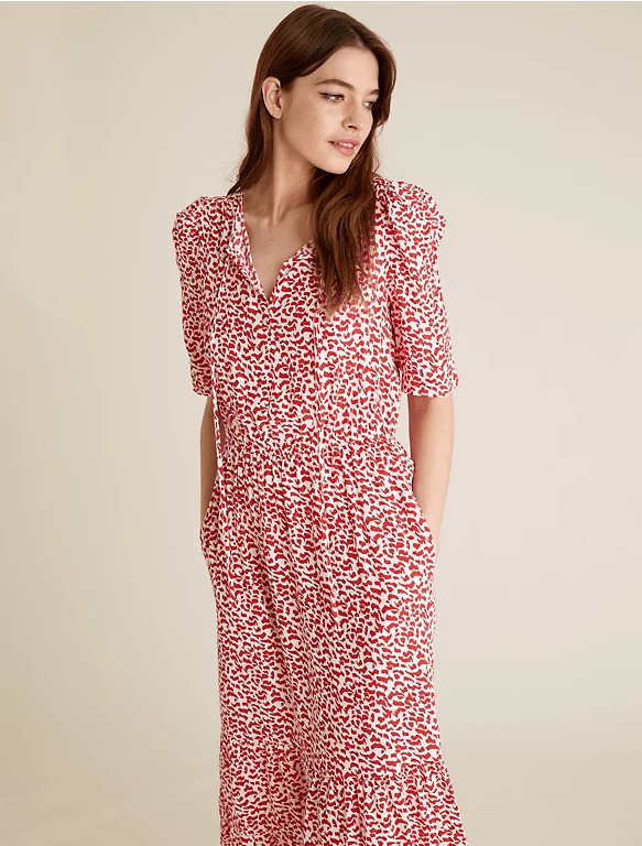 M&amp;S Printed Tie Neck Midi Waisted Dress