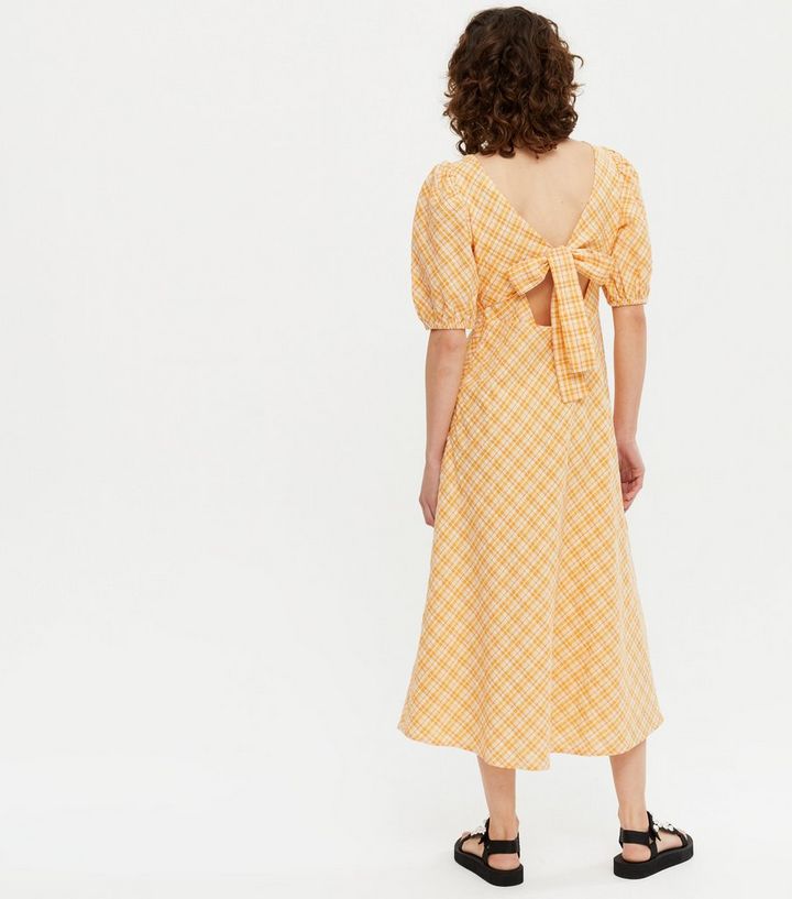 New Look Orange Check Puff Sleeve Midi Tea Dress back view