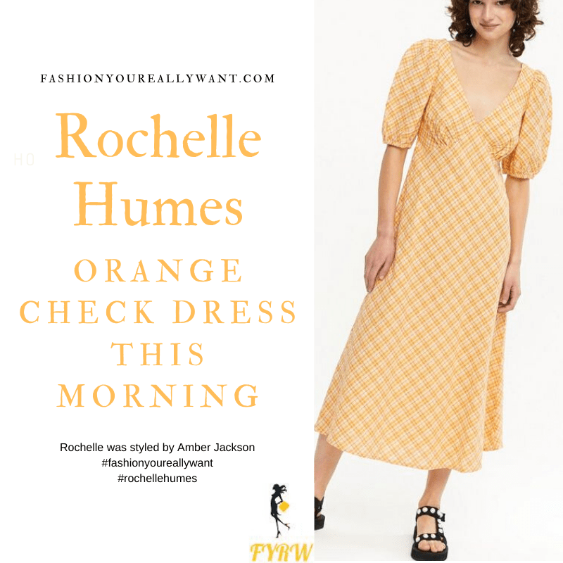 Where to get all Rochelle Humes This Morning outfits blog May 2021 yellow orange check midi tea dress daisy sandals