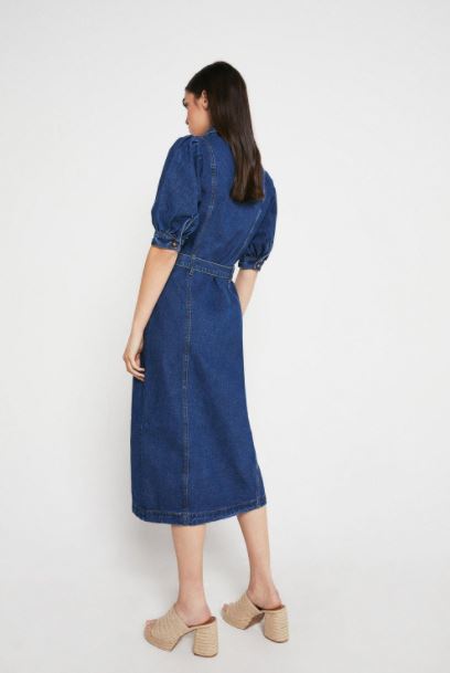 Warehouse Denim Puff Sleeve Midi Dress back view