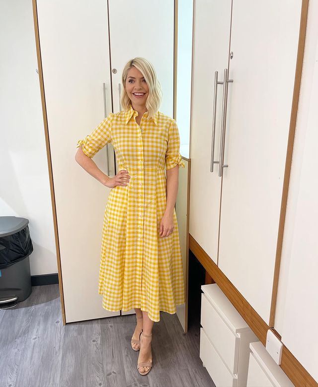 where to get all Holly Willoughby this Morning dreses yellow gingham midi dress tan suede sandals 10 May 2021 Photo Holly Willoughby