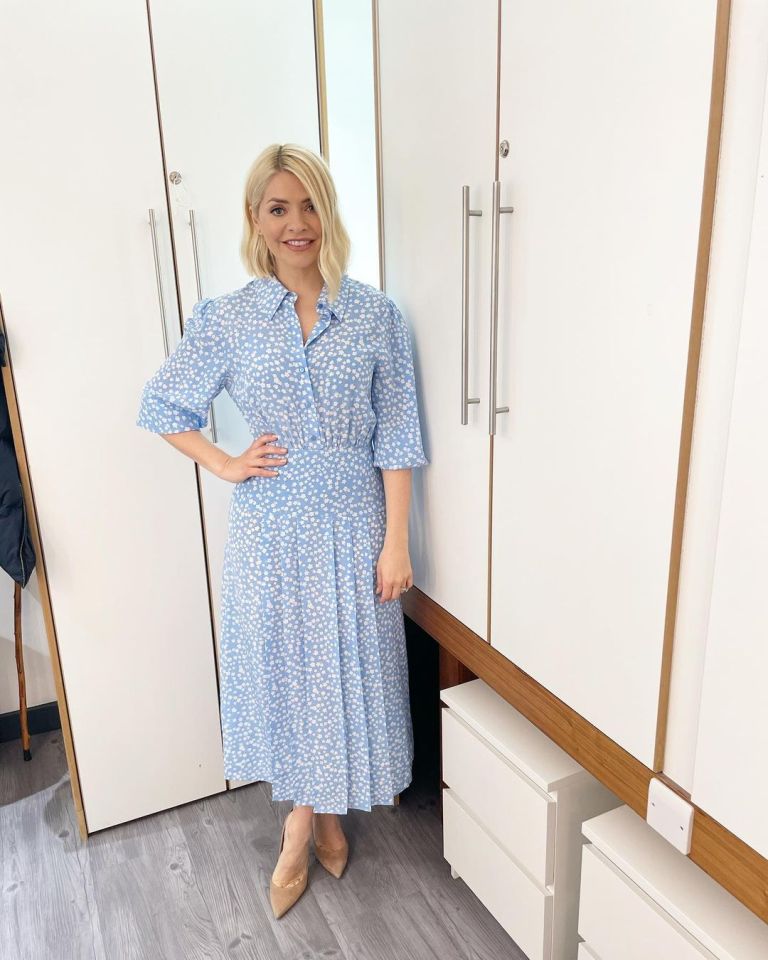 where to get all Holly Willoughby This Morning dresses blue ditsy floral dress nude suede court shoes 4 May 2021 Photo Holly Willoughby