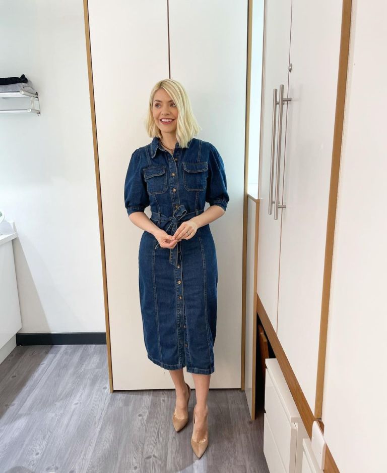 where to get all Holly Willoughby This Morning dresses denim puff sleeve midi dress nude suede court shoes 24 May 2021 Photo Holly Willoughby