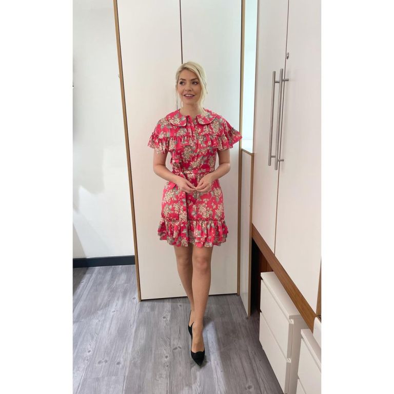 where to get all Holly Willoughby This Morning dresses fink frill floral mini dress black court shoes 11 May 2021 photo Holly Willoughby