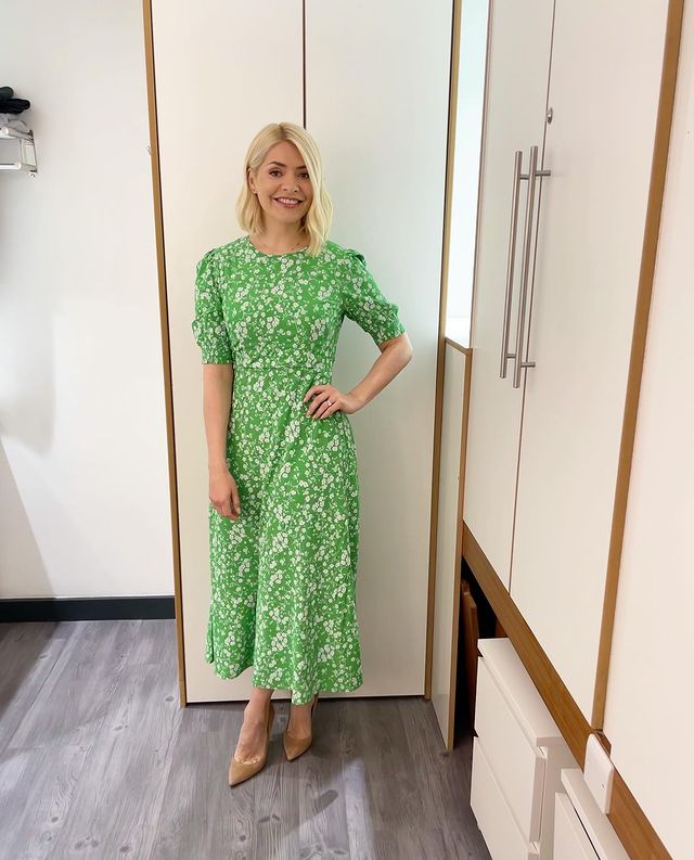 where to get all Holly Willoughby this Morning dresses green and white floral midi dress nude suede court shoes 17 MAy 2021 Photo Holly Willoughby