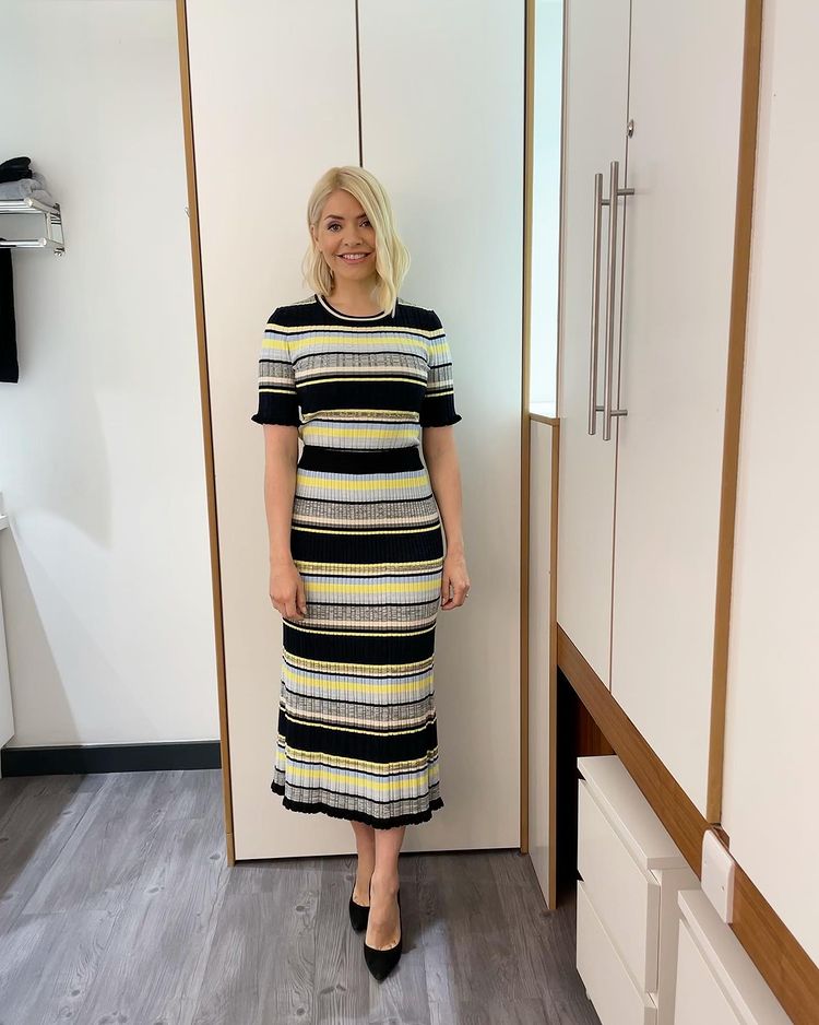 where to get all holly Willoughby This Morning outfits navy yellow stripe top and skirt knit black suede court shoes 12 May 2021 Photo Holly Willoughby