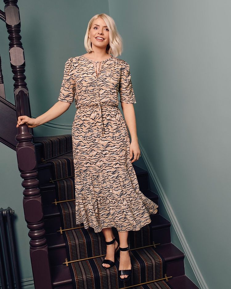 where to get Holly Willoughby animal print tie neck dress black sandals 6 May 2021 Photo M&S