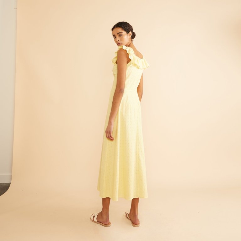 Albaray Yellow Embroidered Ruffle Neck Midi Dress back view