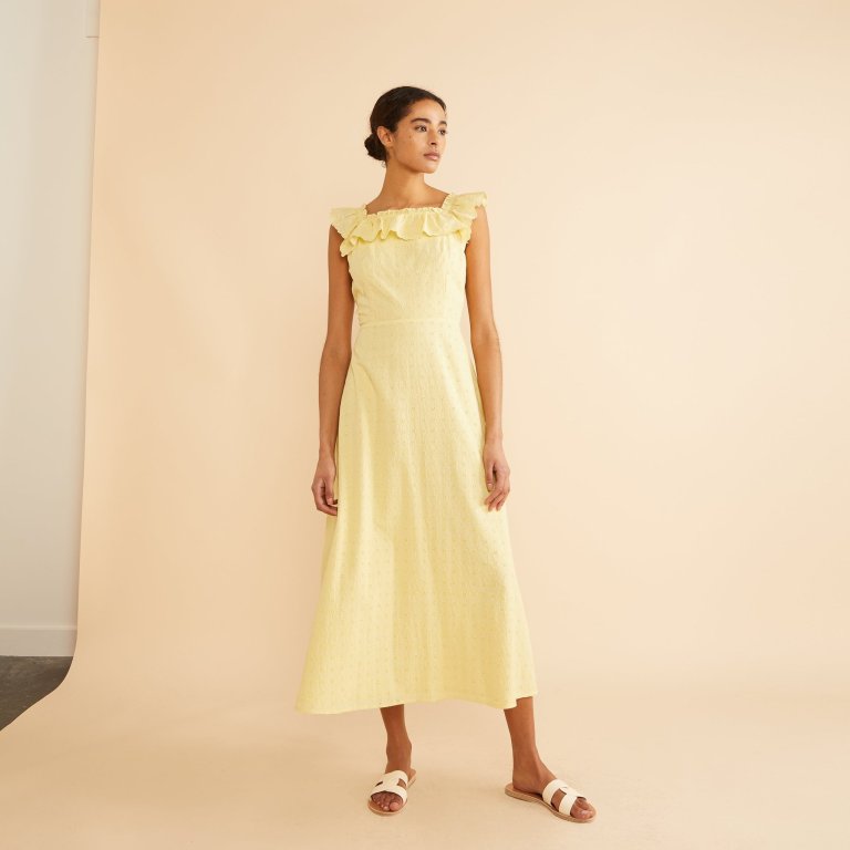 Albaray Yellow Embroidered Ruffle Neck Midi Dress