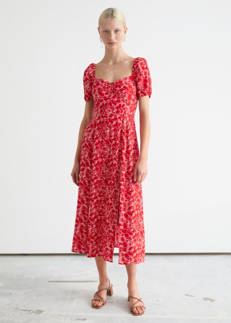 And Other Stories Flowy Puff Sleeve Midi Dress red