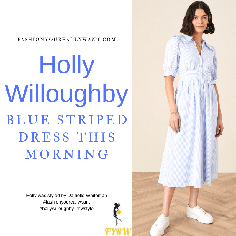 Where to get all Holly Willoughby This Morning outfits blog June 2021 blue and white stripe poplin midi dress nude twist front ankle strap sandals
