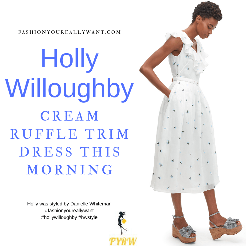 Where to get all Holly Willoughby This Morning outfits blog June 2021 white cream sleeveless dress neck ruffle floral embroidery nude suede sandals