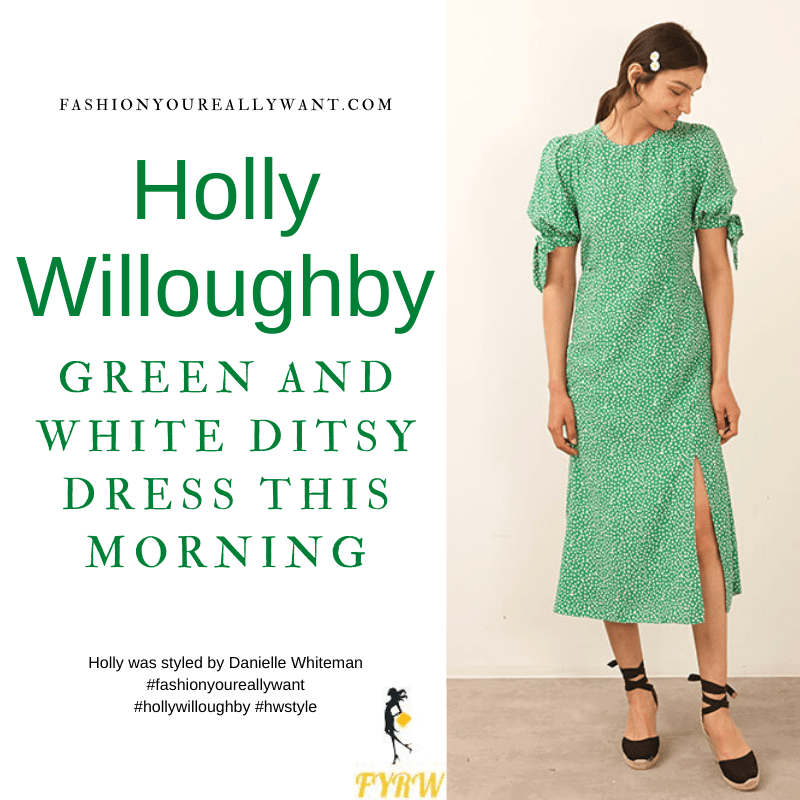 Where to get all Holly Willoughby This Morning outfits blog June 2021 green and white short sleeve ditsy midi dress nude suede court shoes