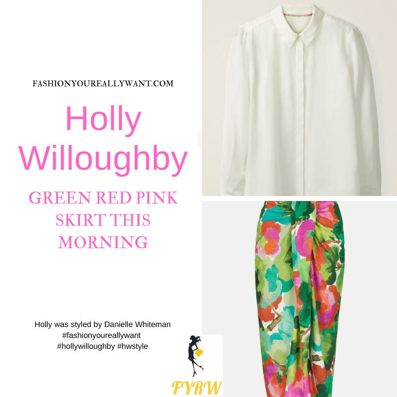Where to get all Holly Willoughby This Morning outfits blog June 2021 green pink red abstract midi skirt ivory shirt blouse nude suede sandals