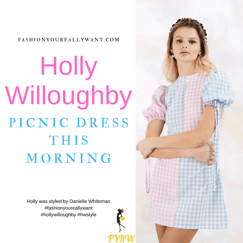 Where to get all Holly Willoughby This Morning outfits blog June 2021 pink and blue gingham colour block short sleeve mini dress nude suede sandals