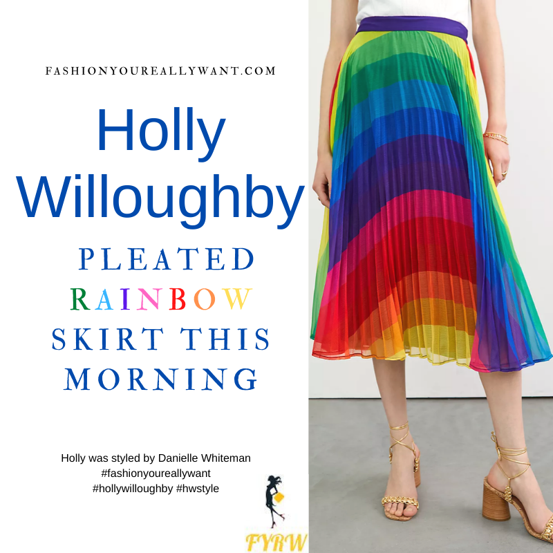 Where to get all Holly Willoughby This Morning outfits blog June 2021 rainbow pleated midi skirt white shirt nude suede court shoes