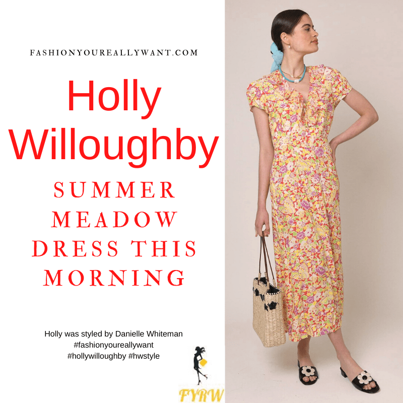 Where to get all Holly Willoughby This Morning outfits blog June 2021 red and yellow frill neck midaxi dress nude suede sandals