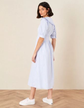 Monsoon Frill collar stripe poplin dress blue back view