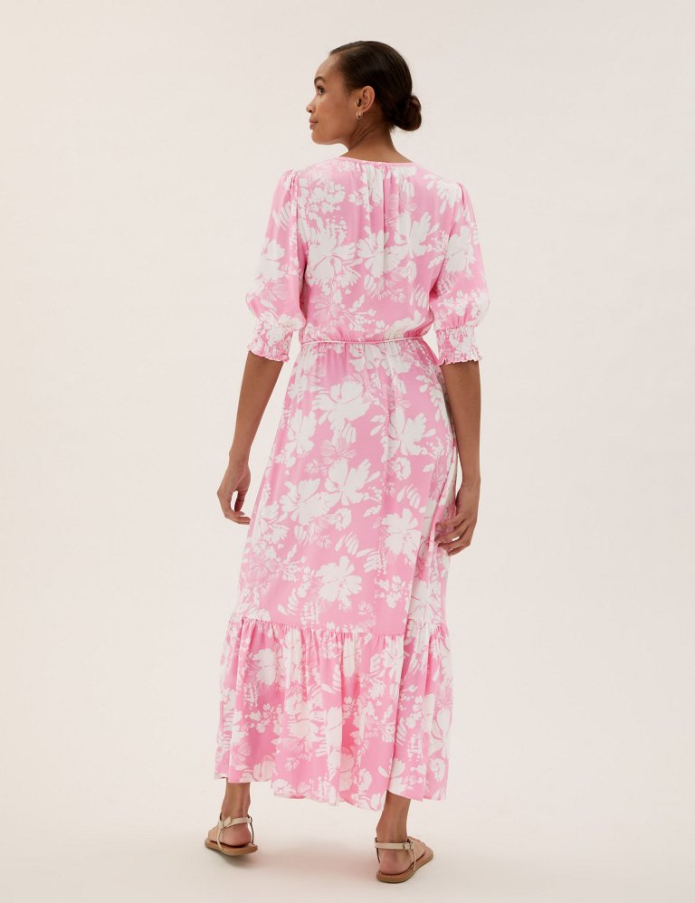 M&amp;S Floral Round Neck Midaxi Waisted Dress pink back view