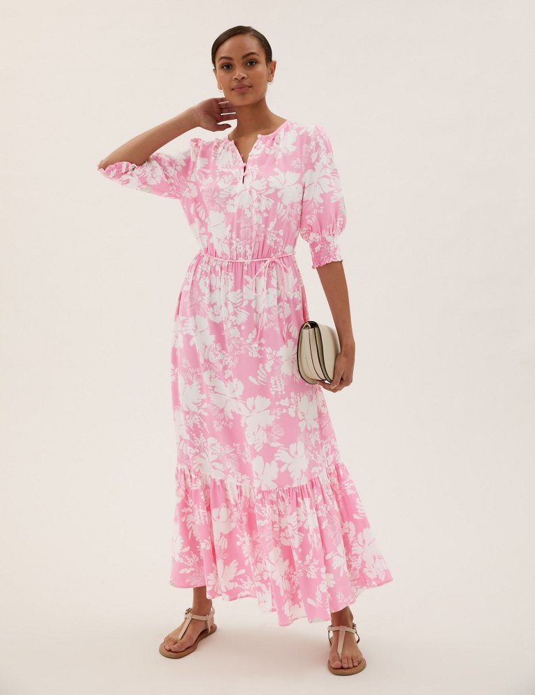M&amp;S Floral Round Neck Midaxi Waisted Dress pink