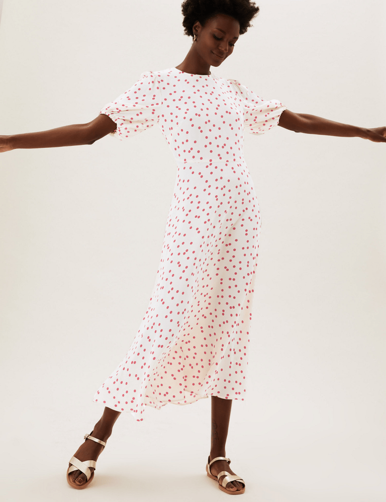 M&S Polka Dot Puff Sleeve Midaxi Tea Dress