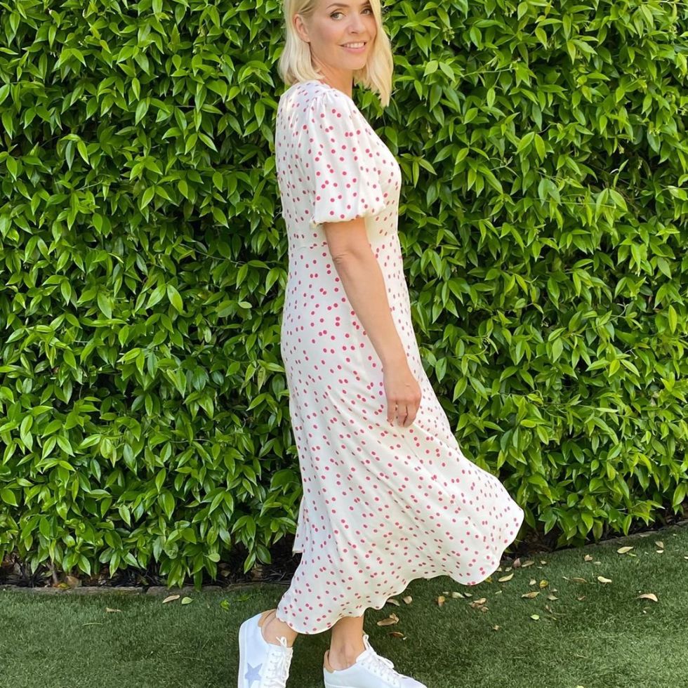 where to get all Holly Willoughby dresses white and red polka dot dress white trainers metallic star 19 June 2021 Photo M&S