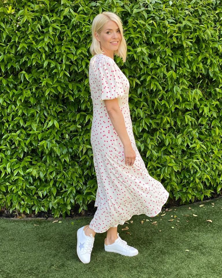 where to get all Holly Willoughby dresses white and red polka dot dress white trainers metallic star 19 June 2021 Photo M&S