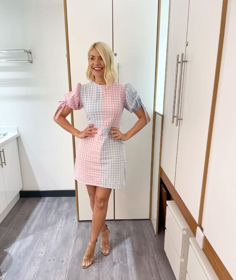 where to get all holly Willoughby This Morning dresses blue and pink gingham mini dress nude suede sandals 8 June 2021 Photo holly Willoughby